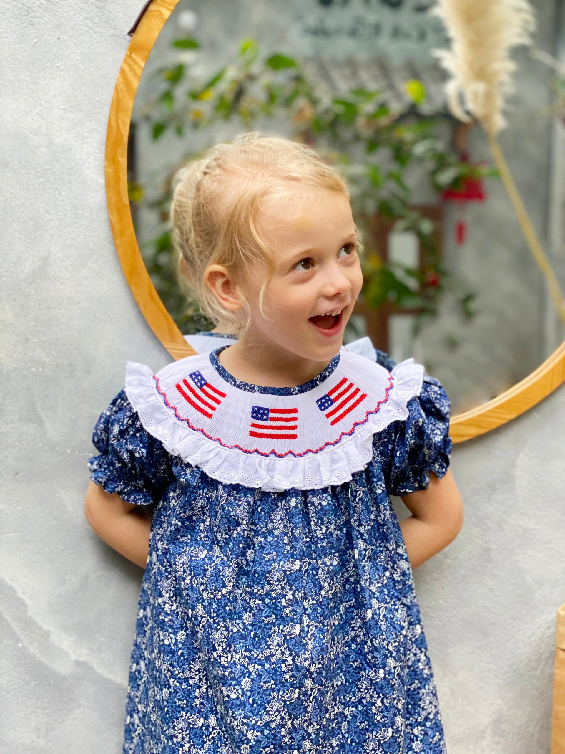 Baby Infant Girls 4th July Patriotic American Flag Red White Blue Hand Smocked Bishop Dress Navy Floral - Angeline Kids
