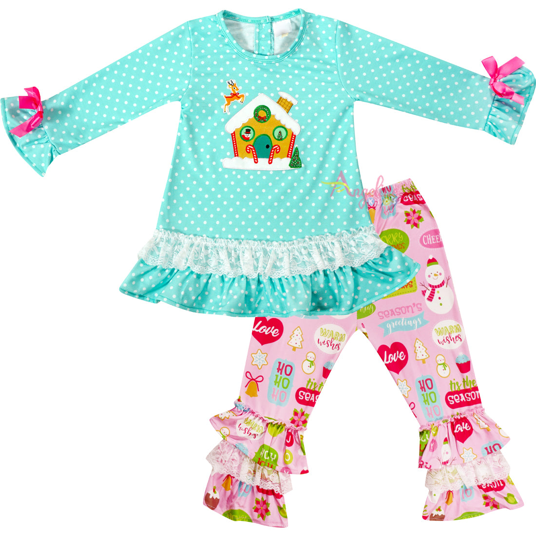 Baby Girls Merry Christmas Gingerbread House Ruffle Top Pants Set - Mint Pink - Angeline Kids