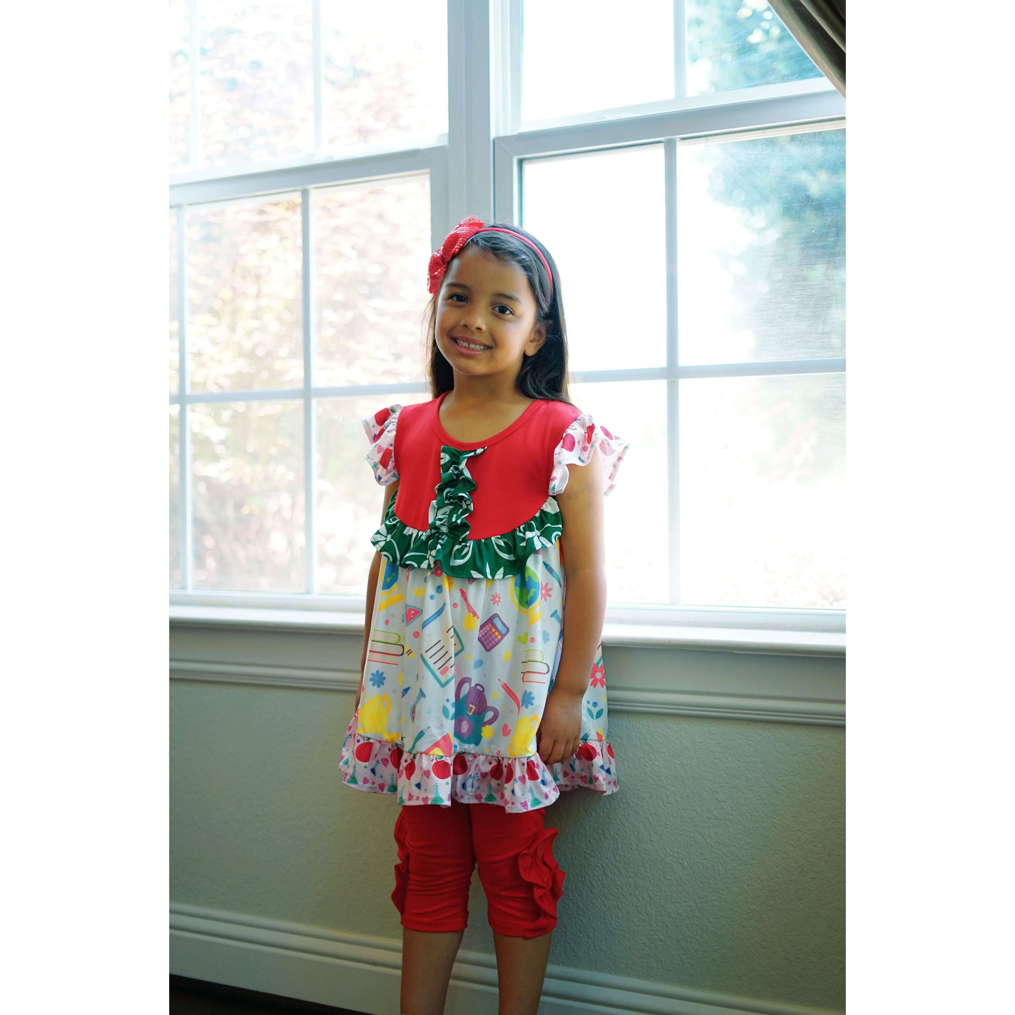Toddler Little Girls Back To School Ruffles Tunic Capri Outfit Set
