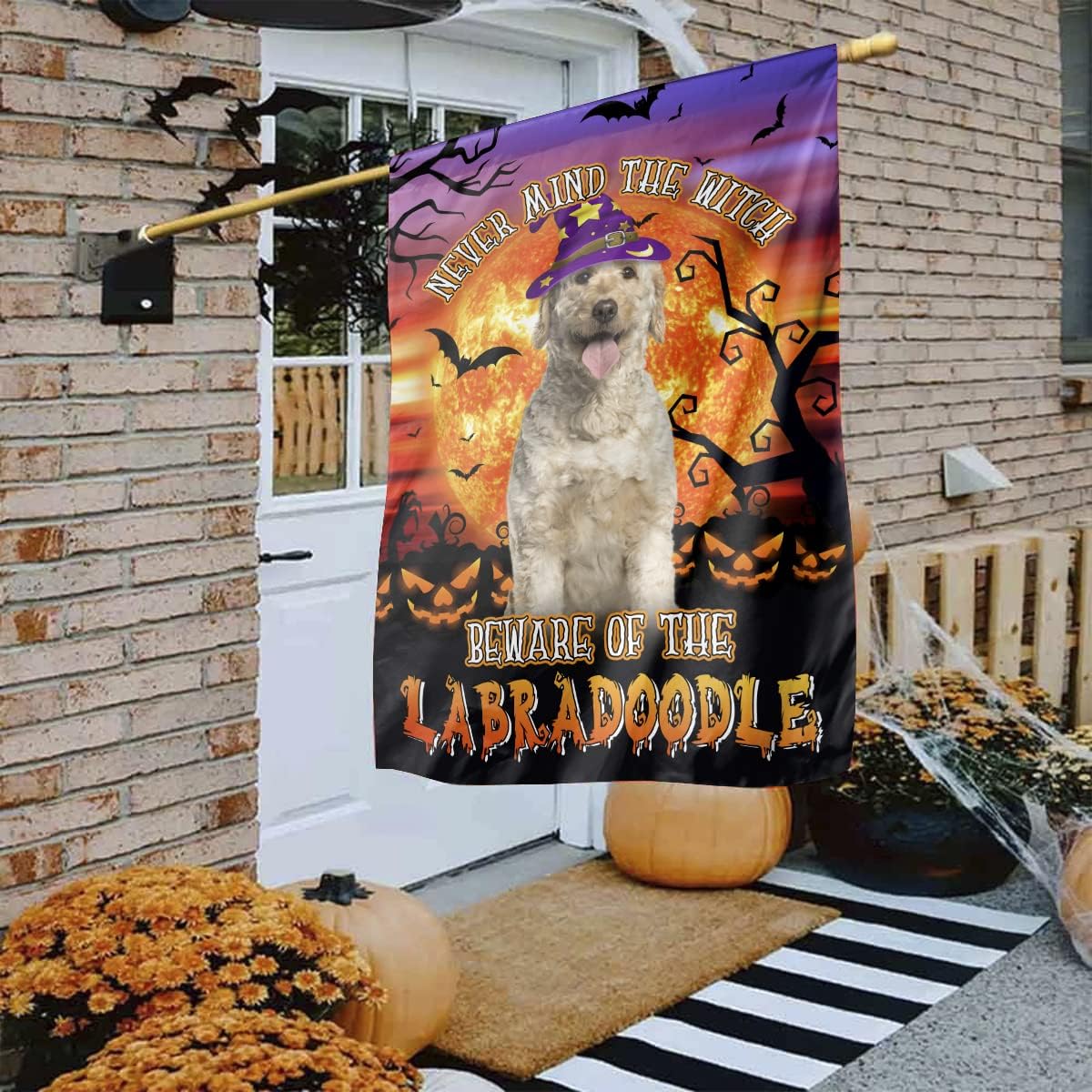 USA MADE Personalized Pet Halloween Flag | Custom Double Side Dog Cat Halloween Spooky Season Never Mind The Witch Garden Flag, House Flag, Yard Decor Banner