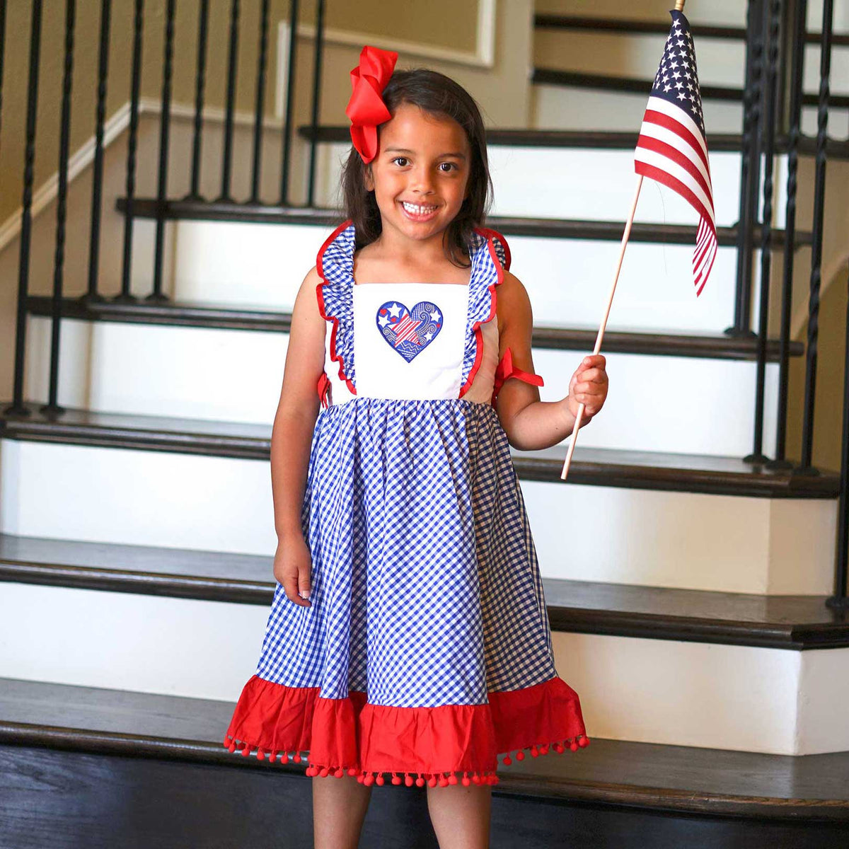 SALE READY TO SHIP Baby Toddler Little Girls 4th of July Patriotic I Heart America Pom Pom Dress