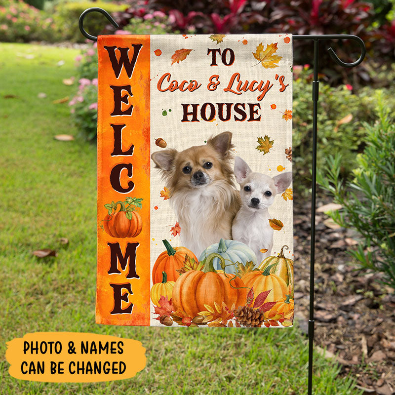 USA MADE Personalized Pet Welcome Flag | Custom Double Side Dog Cat Fall Pumpkin Halloween Season Dog Welcome Garden Flag, House Flag, Yard Decor Banner