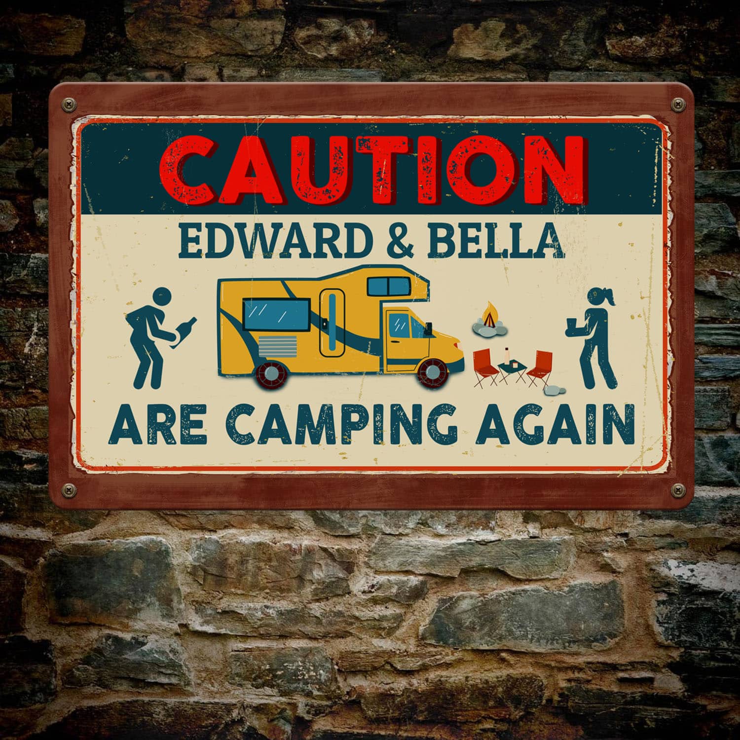 Camping Sign Personalized Caution We Are Camping Again Funny Vintage Decorative Metal Sign – Indoor Outdoor Decor