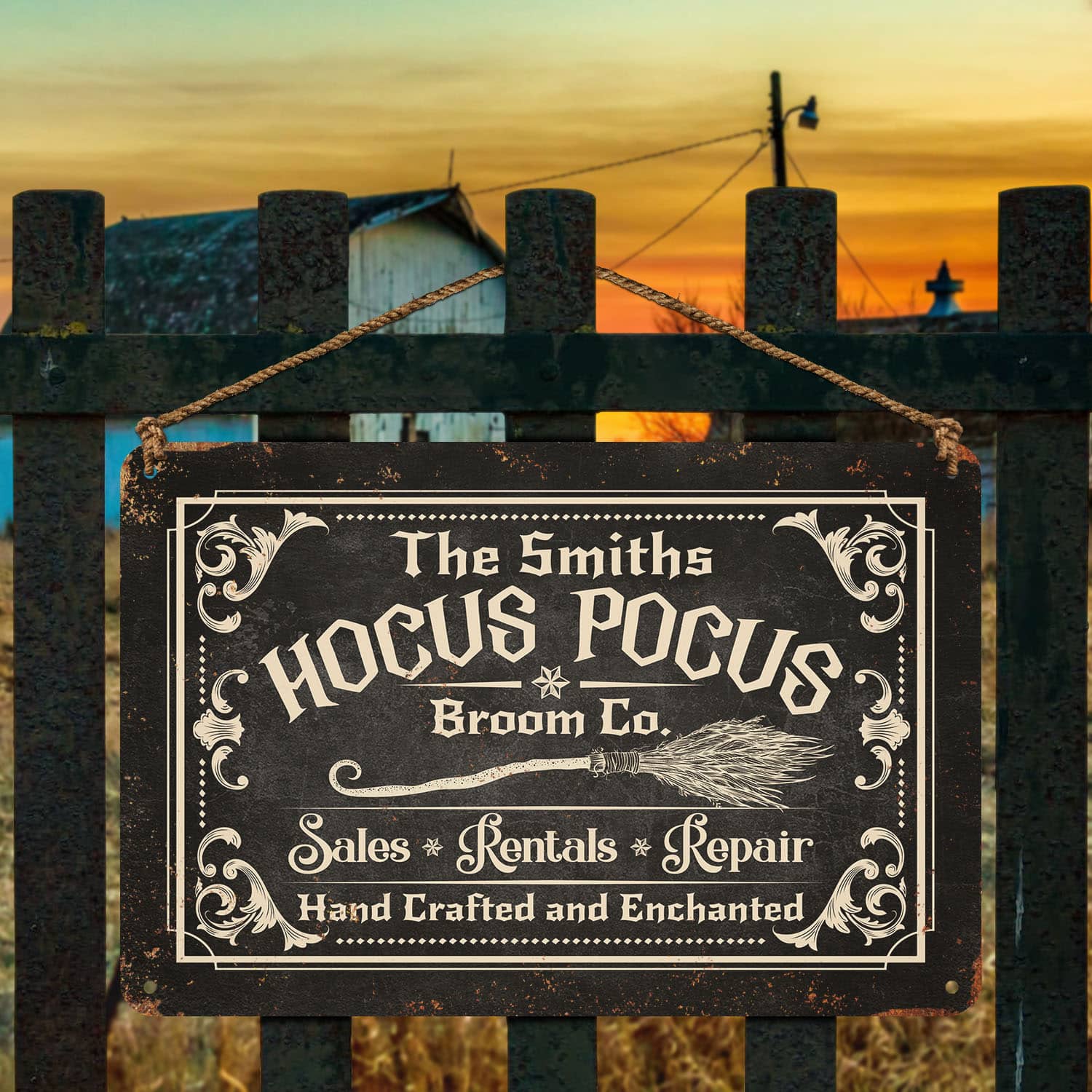 Personalized Hocus Pocus Broom Co Sales Rentals Repair Hand Crafted And Enchanted Outdoor Decorative Metal Sign