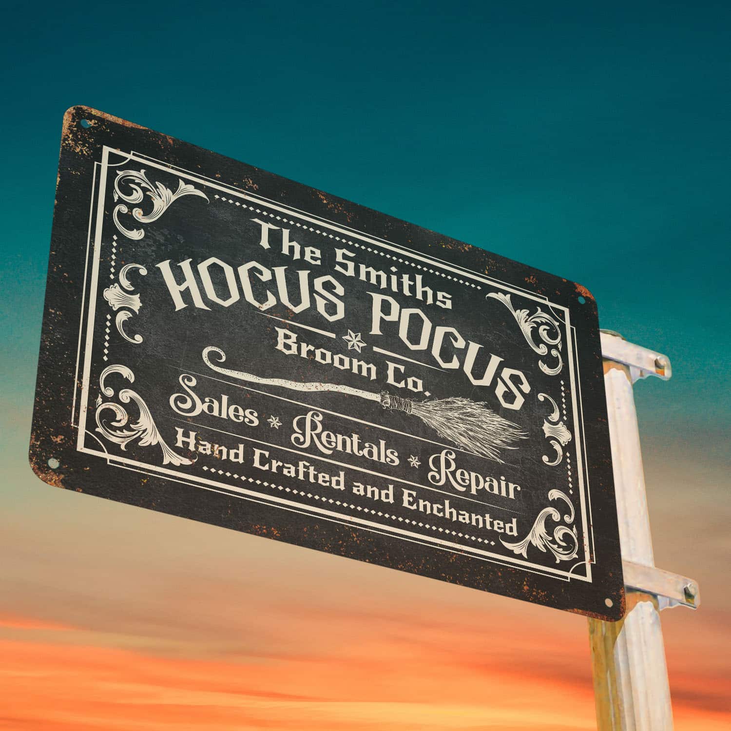 Personalized Hocus Pocus Broom Co Sales Rentals Repair Hand Crafted And Enchanted Outdoor Decorative Metal Sign