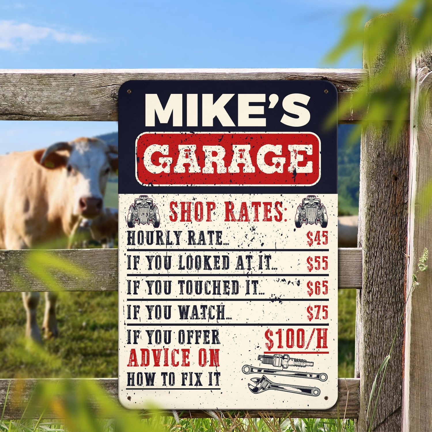 Personalized Garage’s Name Shop Rates Retro Decorative Metal Sign – Funny Metal Sign Garage Wall Decor