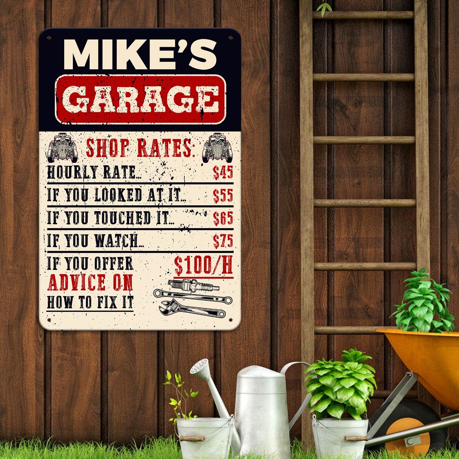 Personalized Garage’s Name Shop Rates Retro Decorative Metal Sign – Funny Metal Sign Garage Wall Decor