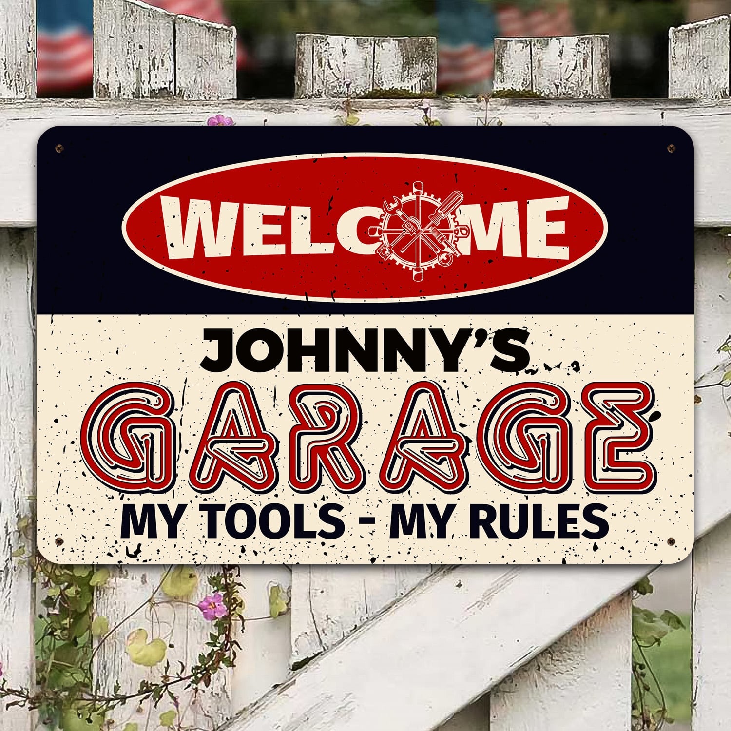 Personalized Garage’s Name Welcome My Tools My Rules Retro Decorative Metal Sign – Funny Metal Sign Garage Wall Decor