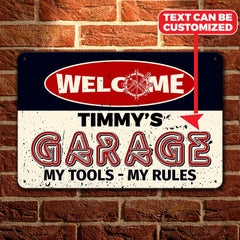 Personalized Garage’s Name Welcome My Tools My Rules Retro Decorative Metal Sign – Funny Metal Sign Garage Wall Decor