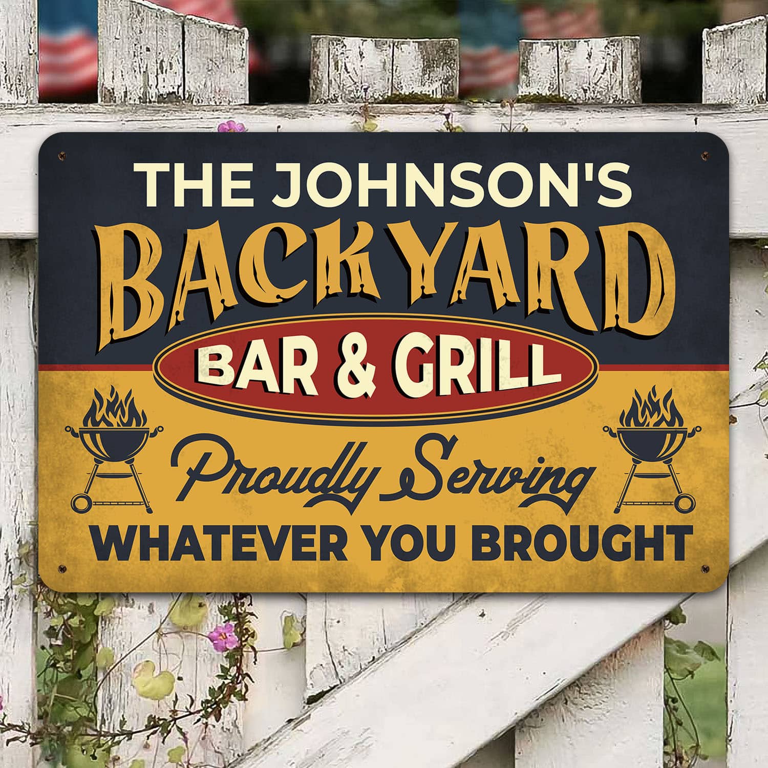 Bar Sign Personalized Backyard Bar and Grill Proudly Serving Whatever You Brought Vintage Decorative Metal Sign