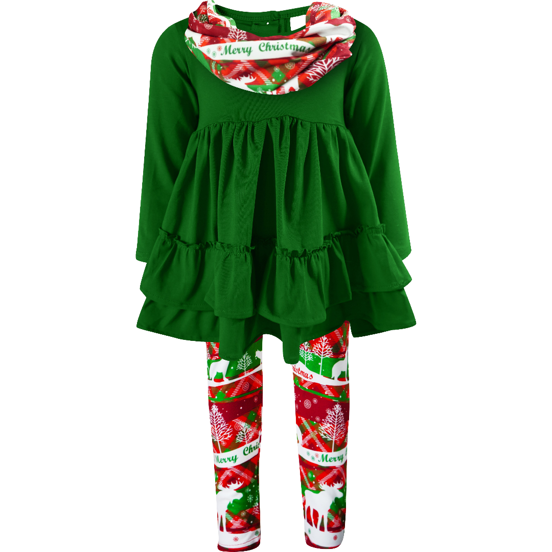 Baby Toddler Girls Merry Christmas Winter Clothes Christmas Holiday Deer Snow Top Leggings Scarf Set - Green