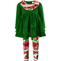 Baby Toddler Girls Merry Christmas Winter Clothes Christmas Holiday Deer Snow Top Leggings Scarf Set - Green