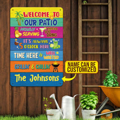 Personalized Welcome to Our Patio Proudly Serving Whatever You Bring Funny Metal Sign – Custom Family Name Outdoor Metal Sign