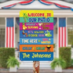 Personalized Welcome to Our Patio Proudly Serving Whatever You Bring Funny Metal Sign – Custom Family Name Outdoor Metal Sign
