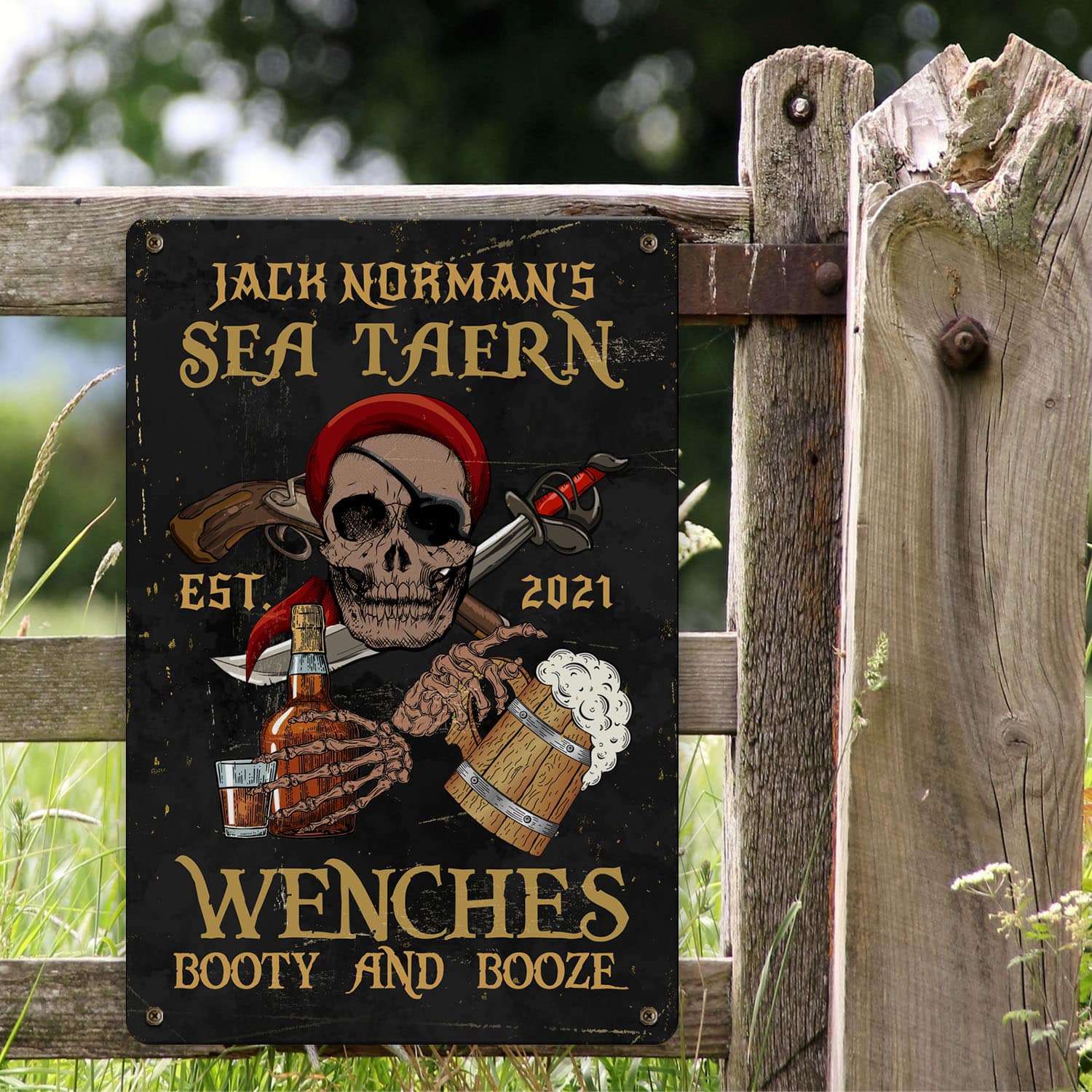 Personalized Name Sea Tavern Est 2021 Wenches Booty And Booze Decorative Vintage Metal Sign