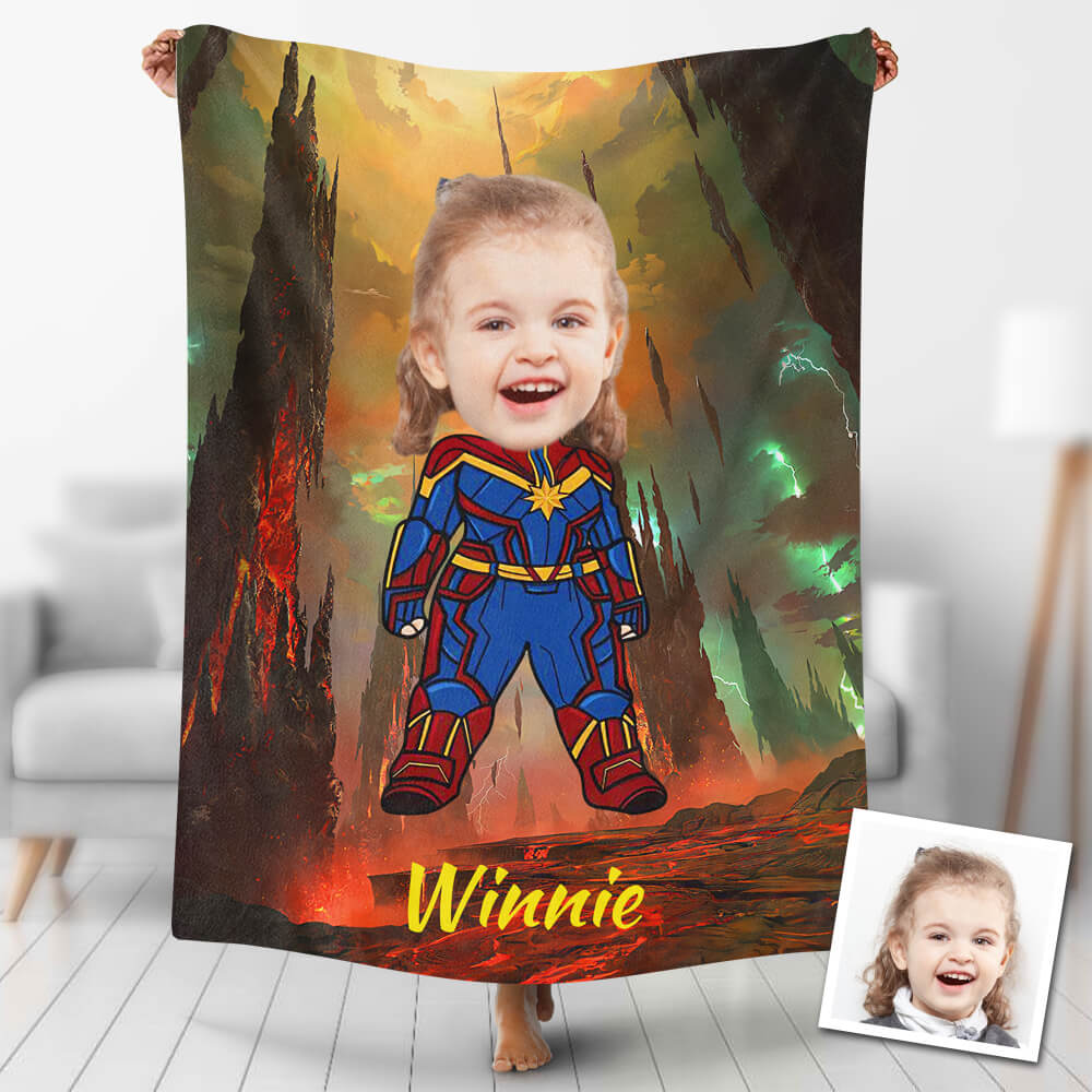 USA MADE  Superhero Girl Custom Blankets Personalized Photo Blanket Fleece Captain Marvel Girl Painting Style Blanket