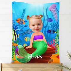 USA MADE Custom Ariel Blanket Personalized Photo Blanket Mermaid Girl On Stone Blanket
