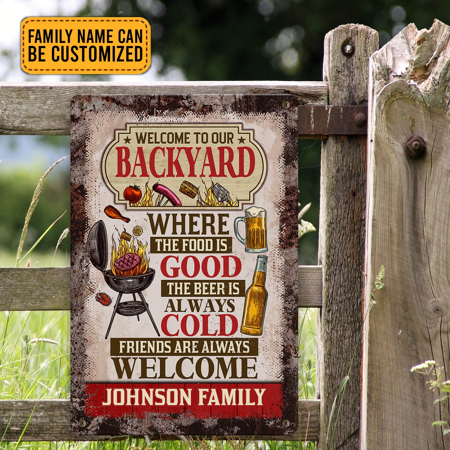 Personalized Welcome To Our Backyard Where The Food Is Good The Beer Is Always Cold Decorative Metal Sign