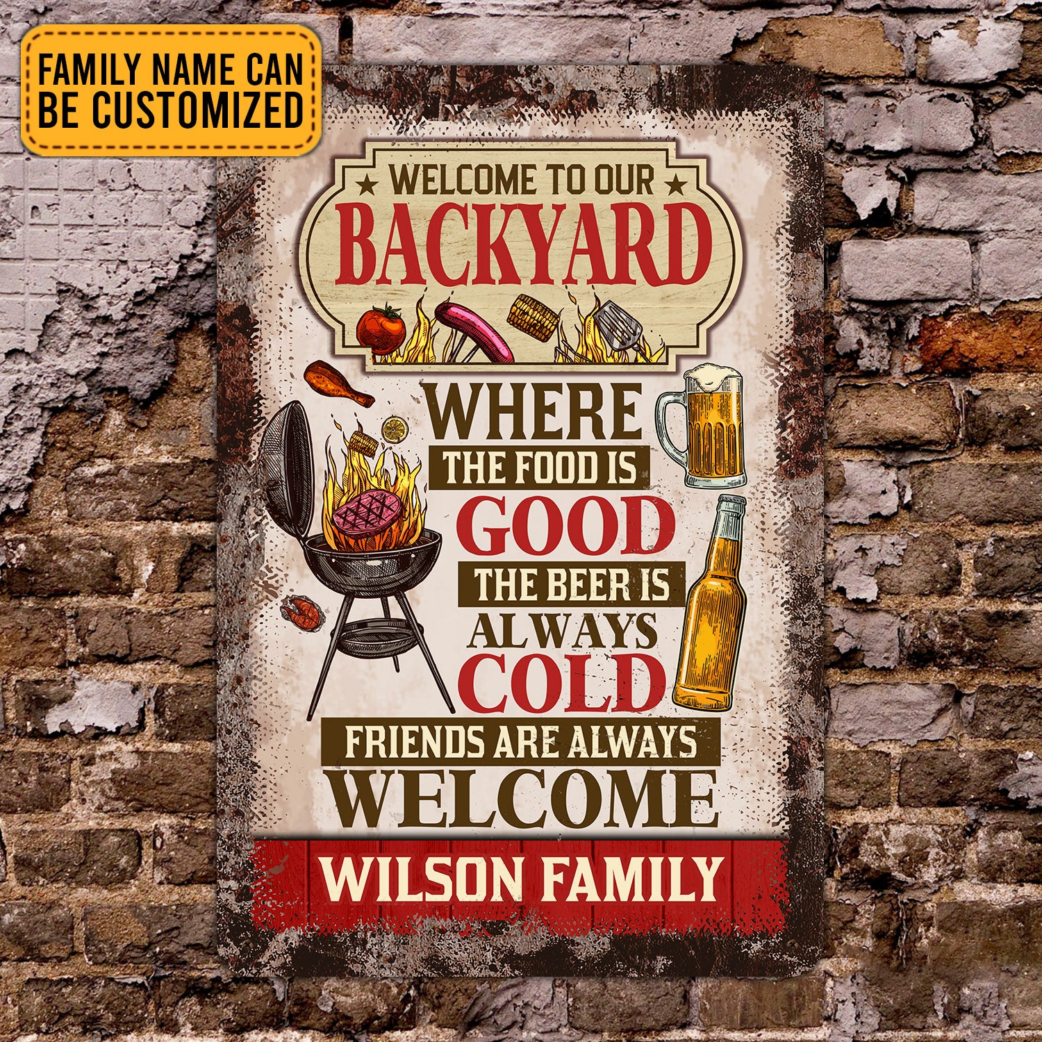 Personalized Welcome To Our Backyard Where The Food Is Good The Beer Is Always Cold Decorative Metal Sign