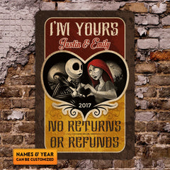 Personalized I’m Yours No Returns or Refund Jack and Sally Nightmare Metal Sign Wall Art Decor  – Customized Couple Nightmare Sign