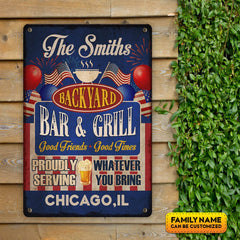 Personalized Family Name Backyard Bar And Grill Outdoor Decorative Metal Sign – Patriot American Flag Sign