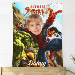 USA MADE Custom Blankets Personalized Photo Blanket Fleece Spider Boy With Heroes, Painting Style