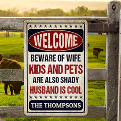 Personalized Name Welcome Beware of Wife Kids and Pets Husband Is Cool Retro Decorative Metal Sign-Indoor Outdoor Decor