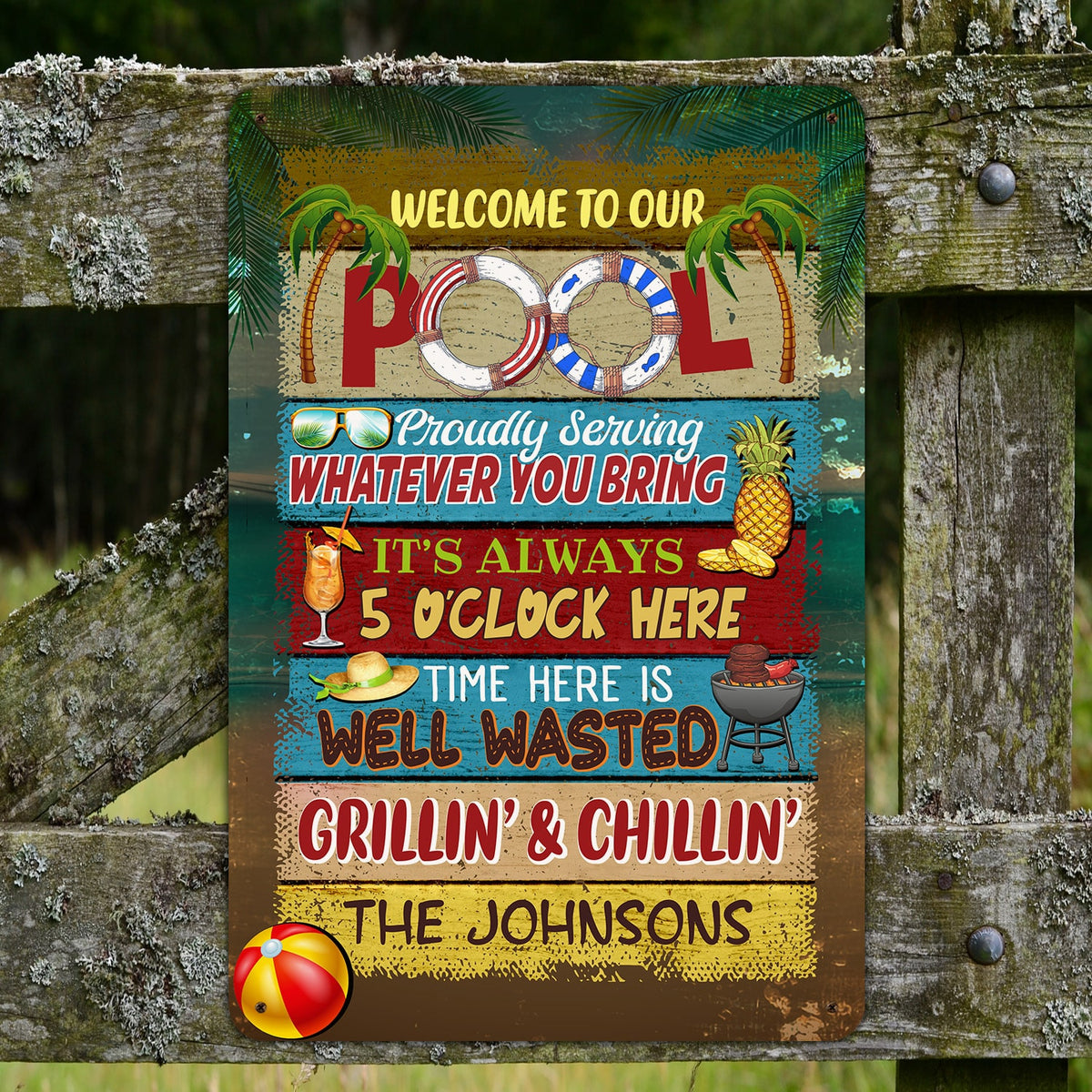 5KT. Welcome To Our Pool - sample design Metal Sign Mockup 4