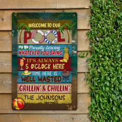 Personalized Name Sign Welcome to Our Pool Outdoor Metal Sign – Pool Proudly Serving Whatever You Bring Customized Name Metal Sign