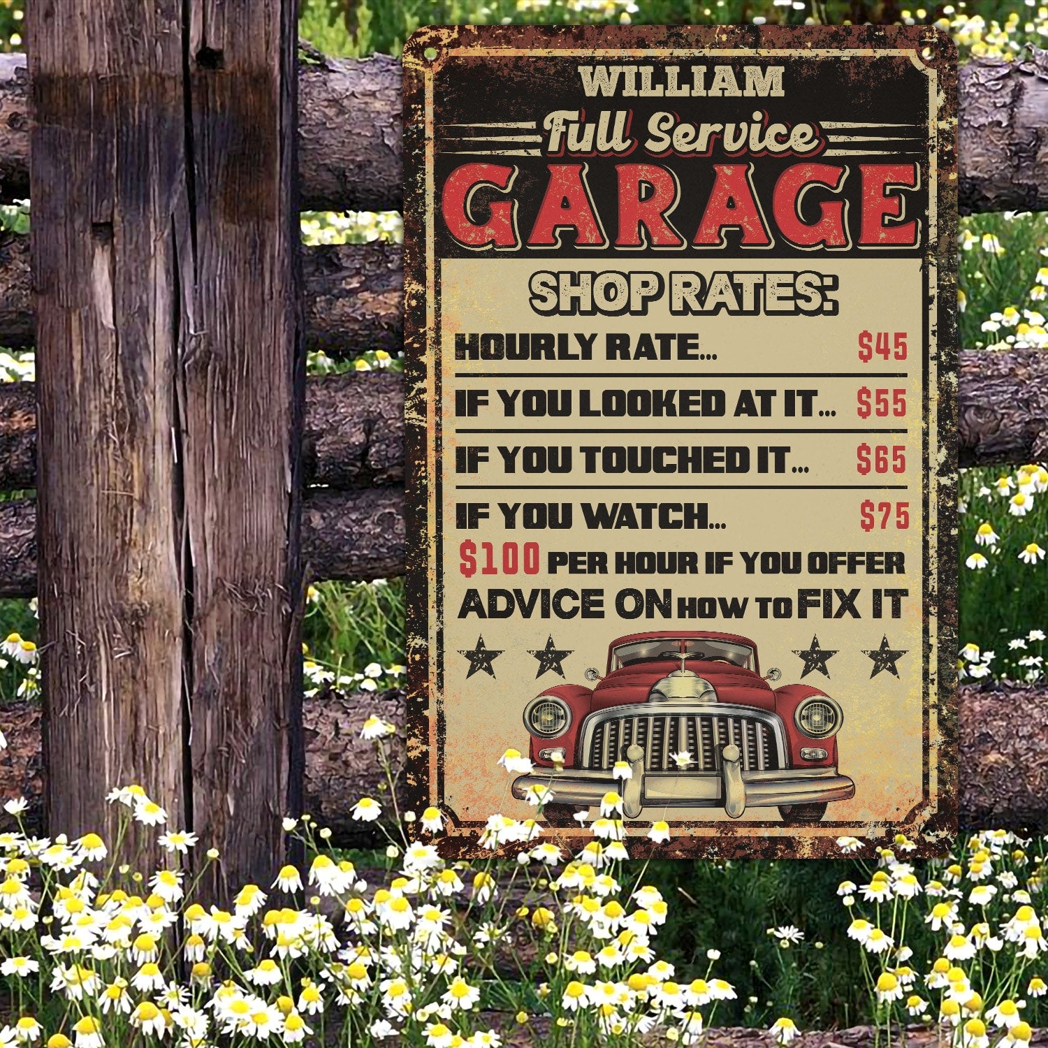 Custom Full Service Garage Shop Rates Sign Wall Decor Mechanic Gifts Retro Vintage Decorative Metal Sign – Indoor Outdoor Decor