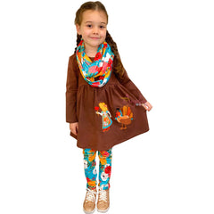 Baby Toddler Little Girls Thanksgiving Floral Turkey Scarf Outfit Set - Brown/Turquoise