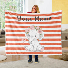 Customized Floral elephant Baby Name Fleece Blankets, Kids Elephant Throw Blanket