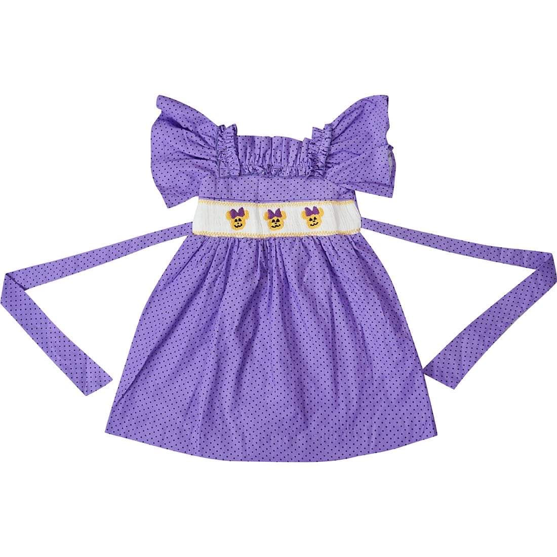 Baby Toddler Little Girls Disney Halloween Minnie Jack-O-Lantern Corduroy Hand Smocked Dress - Purple - Angeline Kids