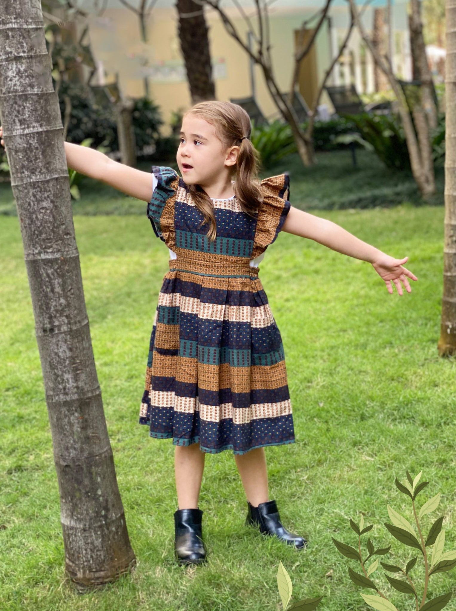 Baby Toddler Litlle Girls Fall Thanksgiving Floral Ruffle Pinafore Dress - Brown/ Brocade - Angeline Kids