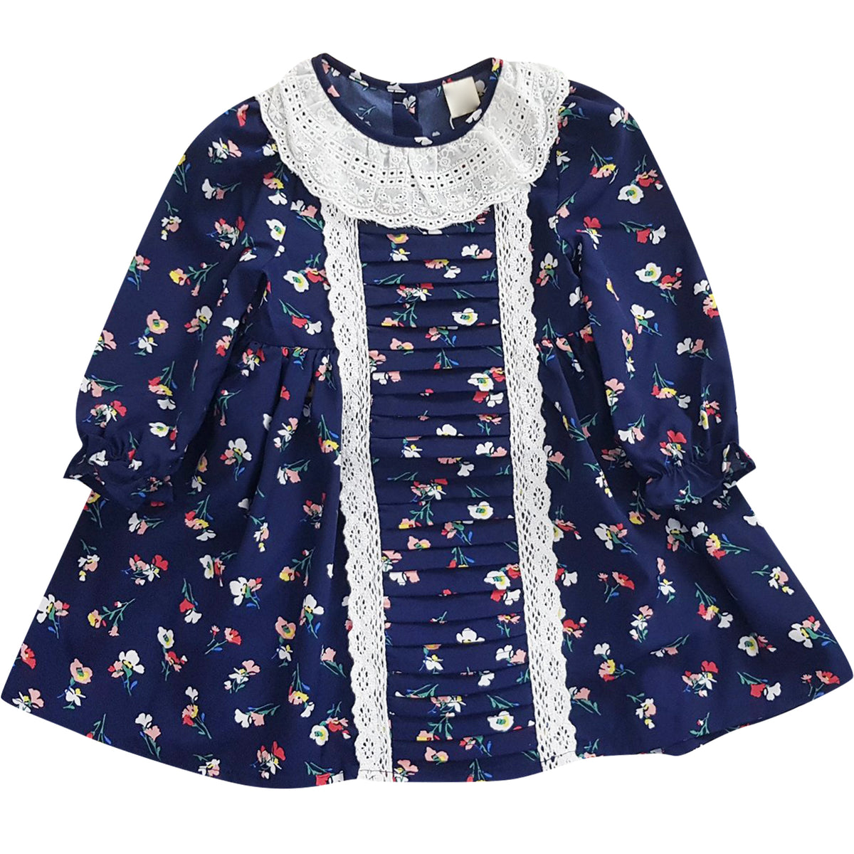 Baby Toddler Little Girls Fall Winter Navy Floral Lace Pleated Dress - Navy - Angeline Kids