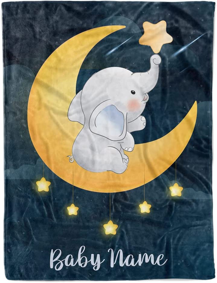Personalized Elephant Moon Baby Blanket for Boy, Cozy Plush Fleece Blanket, Custom Baby Name
