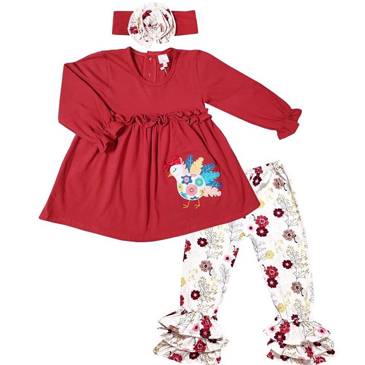 Baby Toddler Little Girls Thanksgiving Vintage Turkey Floral Outfit Set With Headband - Angeline Kids
