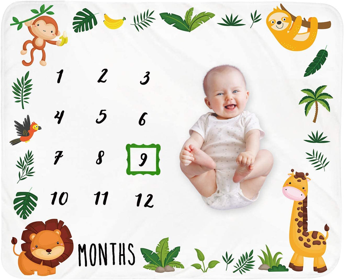 Baby Monthly Milestone Blanket Boy - Jungle Animals Neutral Newborn Month Blanket for Boy & Girl Personalized Shower Gift