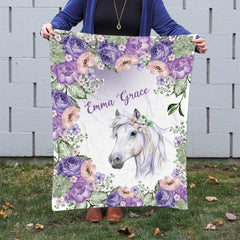Personalized name Horse Baby Blanket, Purple Horse Blanket Baby Girl, Horse Blanket Girls, Horse Blanket For Girls