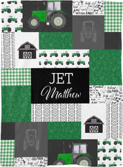 Green Farming Vehicle Tractor Barn Pattern Ultra Soft Personalized Fleece Blanket, Baby Shower Birthday Holiday