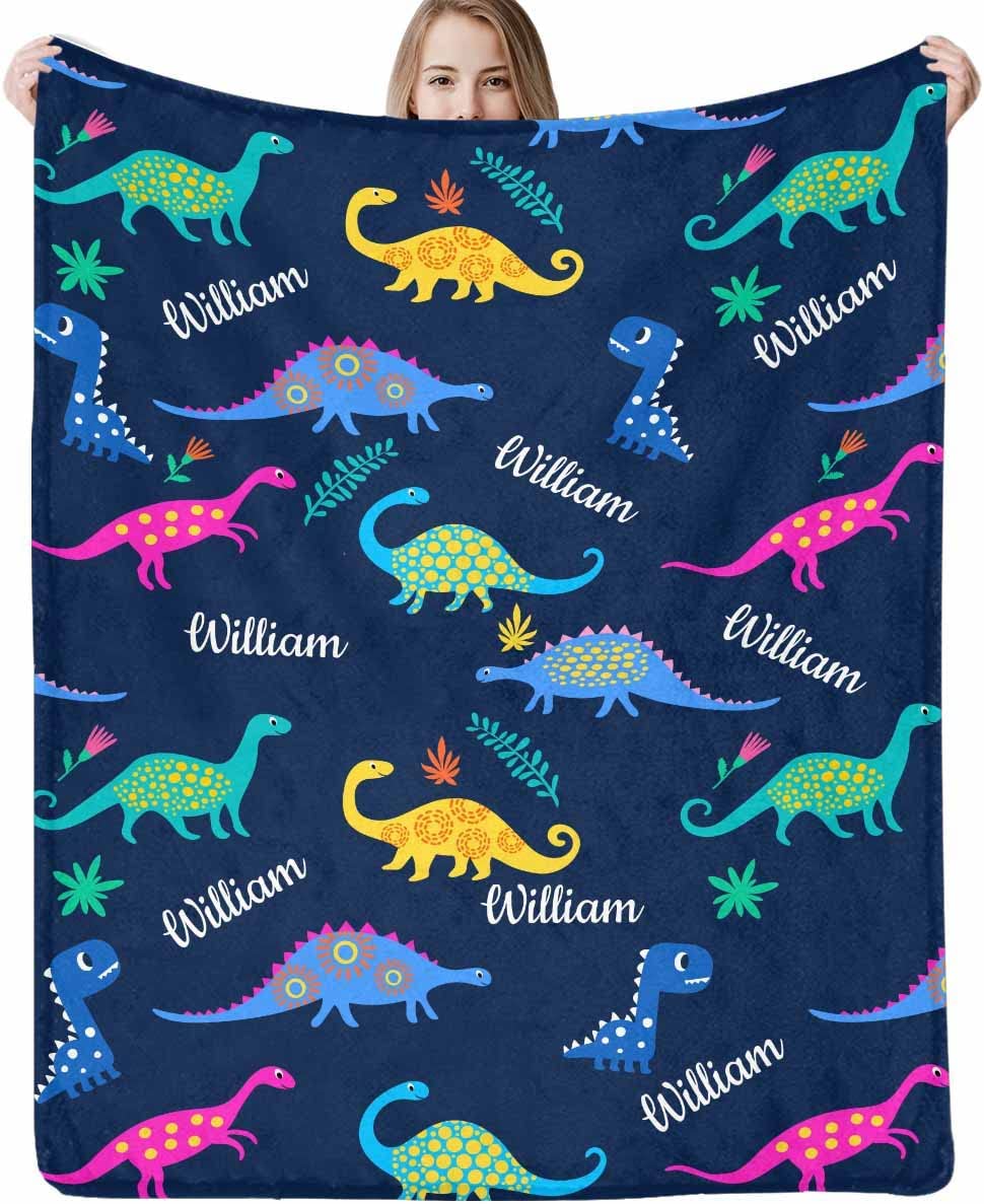 Personalized Dinosaur Baby Blankets Swaddling Unisex with Name Soft Monogrammed Customized Baby Girl Boy Gifts for Newborn Infan