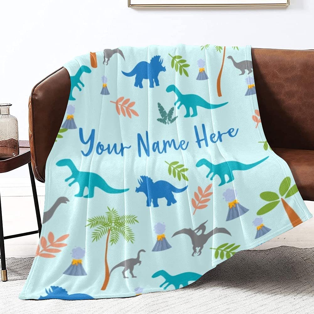 Personalized Custom Baby Blankets with Name for Boys, Dinosaurus Blanket for Infants Newborns Kids