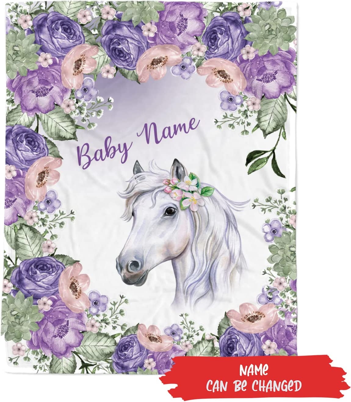 Personalized name Horse Baby Blanket, Purple Horse Blanket Baby Girl, Horse Blanket Girls, Horse Blanket For Girls