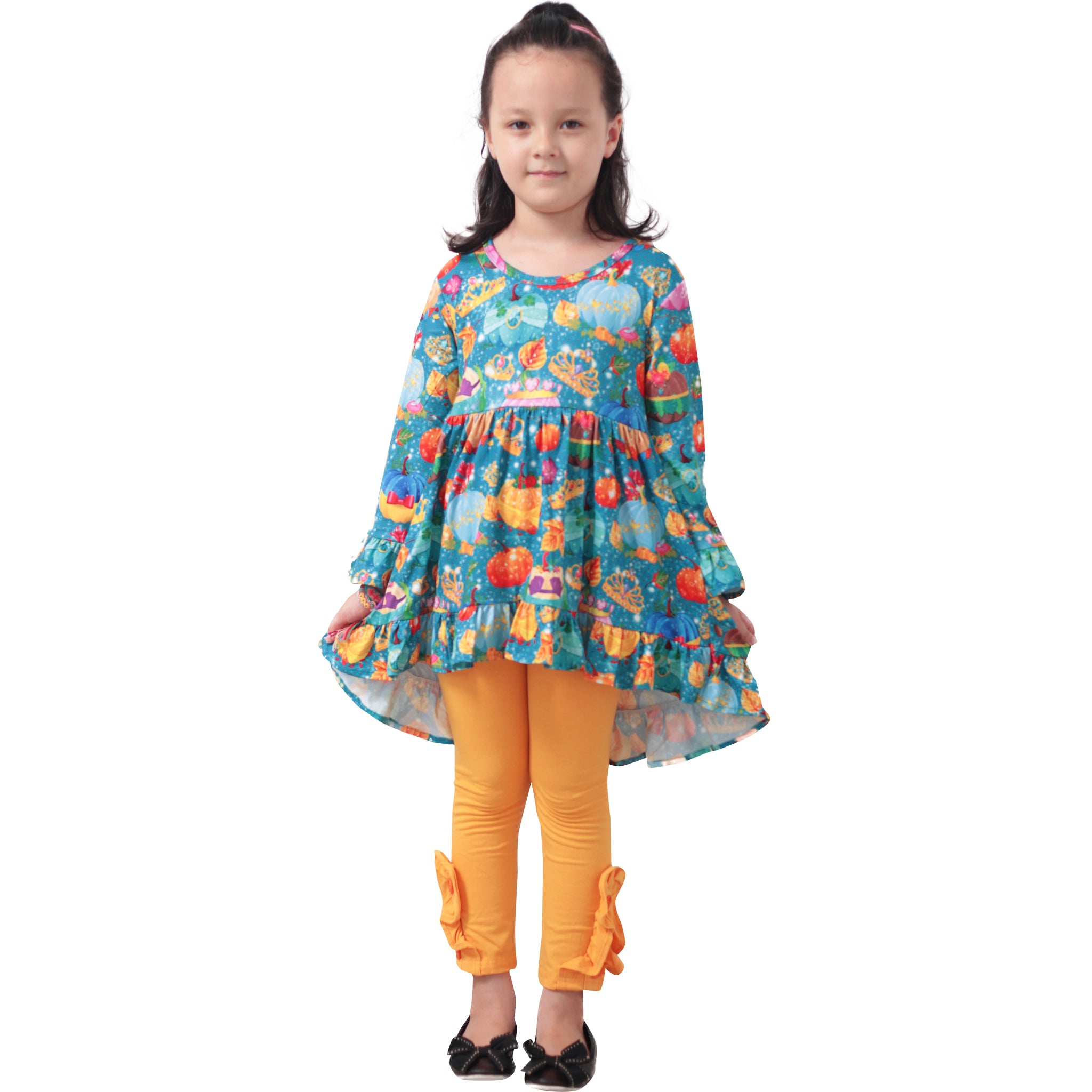 Baby Toddler Little Girls Halloween Pumpkin Princess Hi-Low Tunic Leggings Set - Teal Orange - Angeline Kids