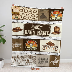 Personalized Wild West Cowboy Baby Swaddle Blanket, Horse Hoof Cowboy Hat Fleece Blanket for Newborn Infant Toddlers Kids