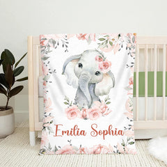 Personalized Baby Blanket - Custom Baby Blanket for Girl with Name, Purple Violet Elephant Watercolor Blanket, Cute Unique Gift for Baby Shower