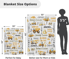 USA MADE Personalized Construction Baby Blankets for Boys  - Soft Plush Fleece