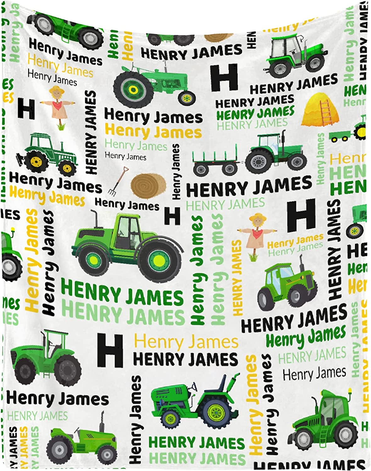 USA MADE Personalized Tractor Truck Blanket for Boys Girls Kids, Custom Construction Throws Super Soft Lightweight Flannel Blankets