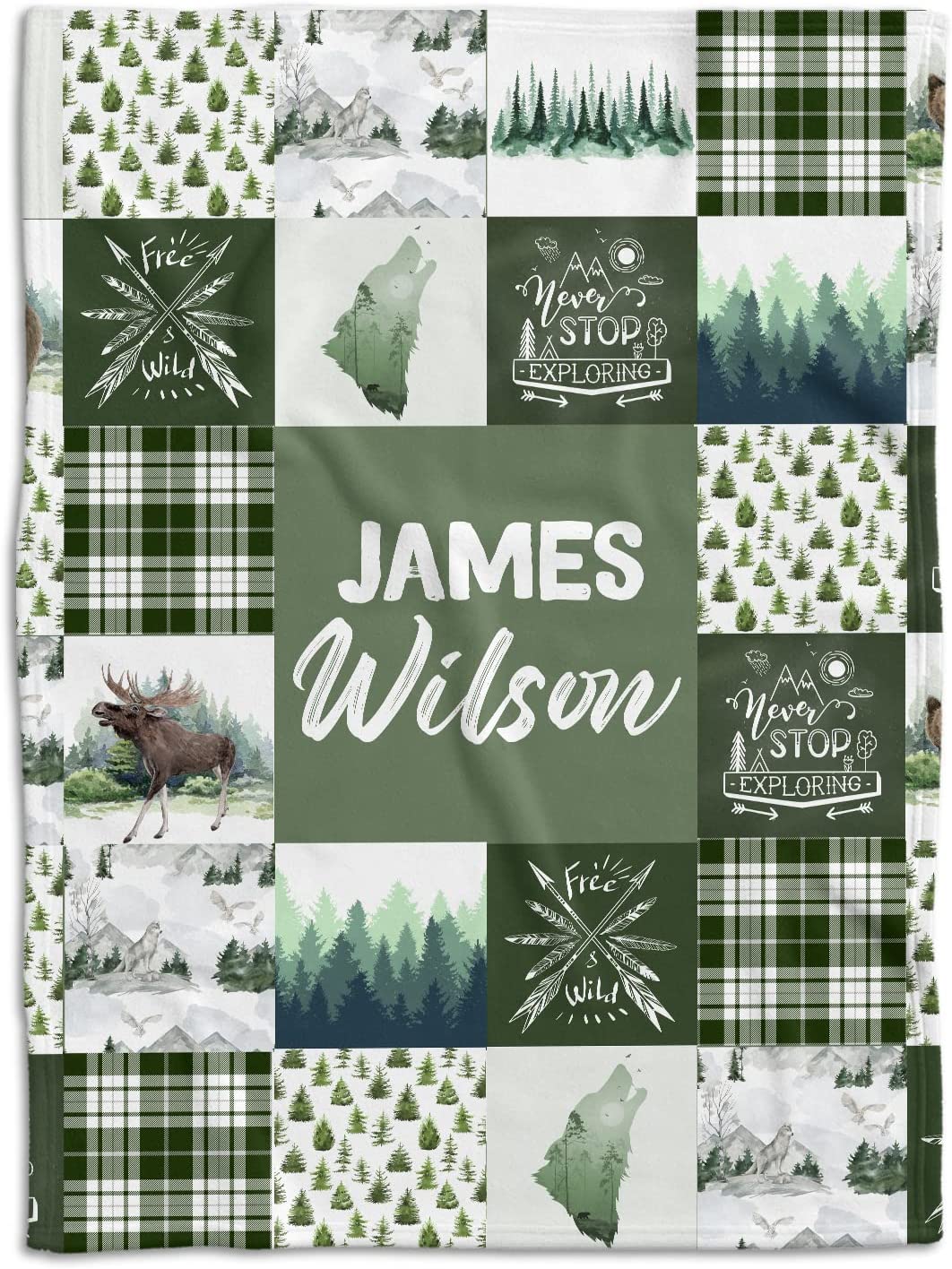 Personalized Name  Woodland Pattern baby Blanket, Woodland Baby Blanket Boy, Boy Green Fleece Blanket