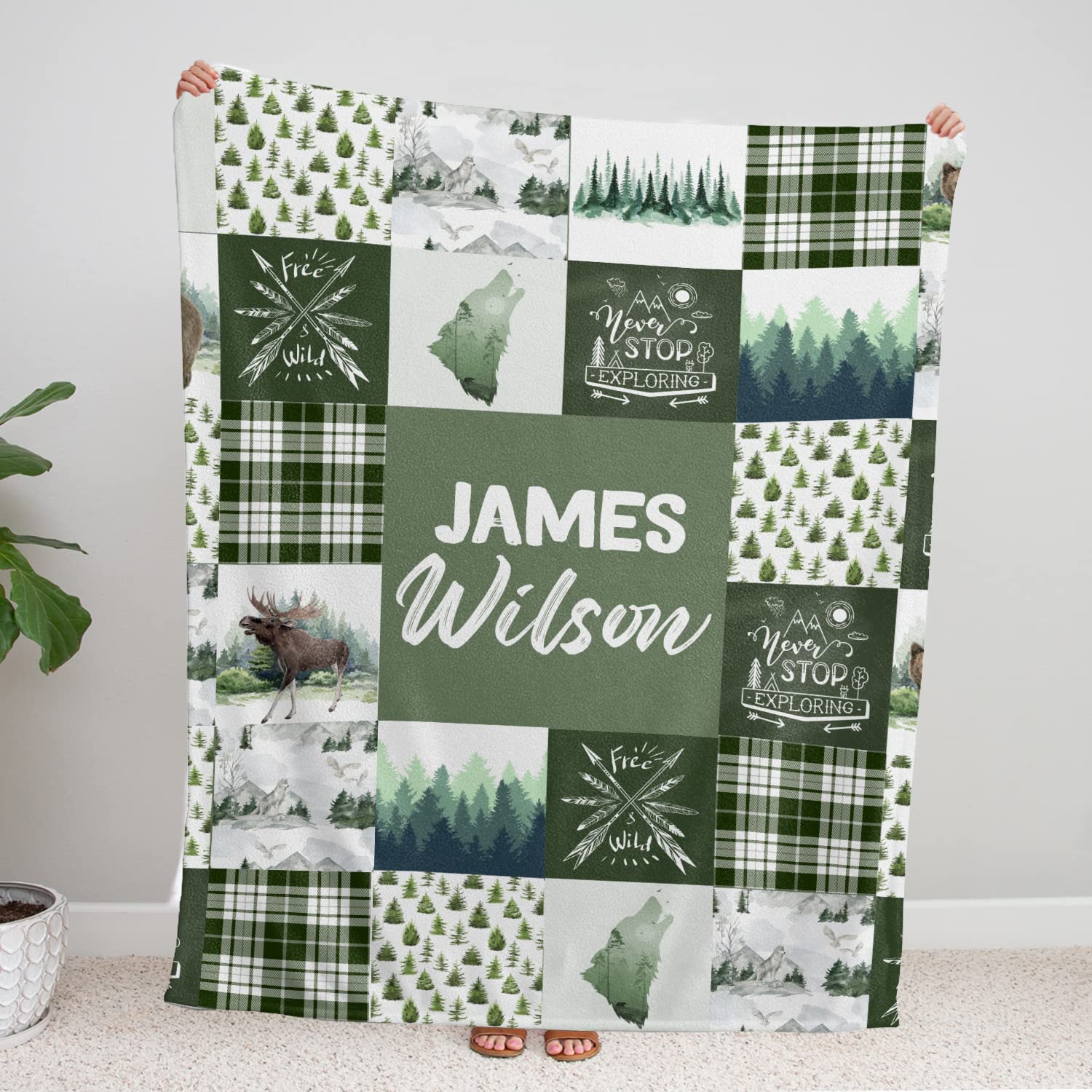 Personalized Name  Woodland Pattern baby Blanket, Woodland Baby Blanket Boy, Boy Green Fleece Blanket